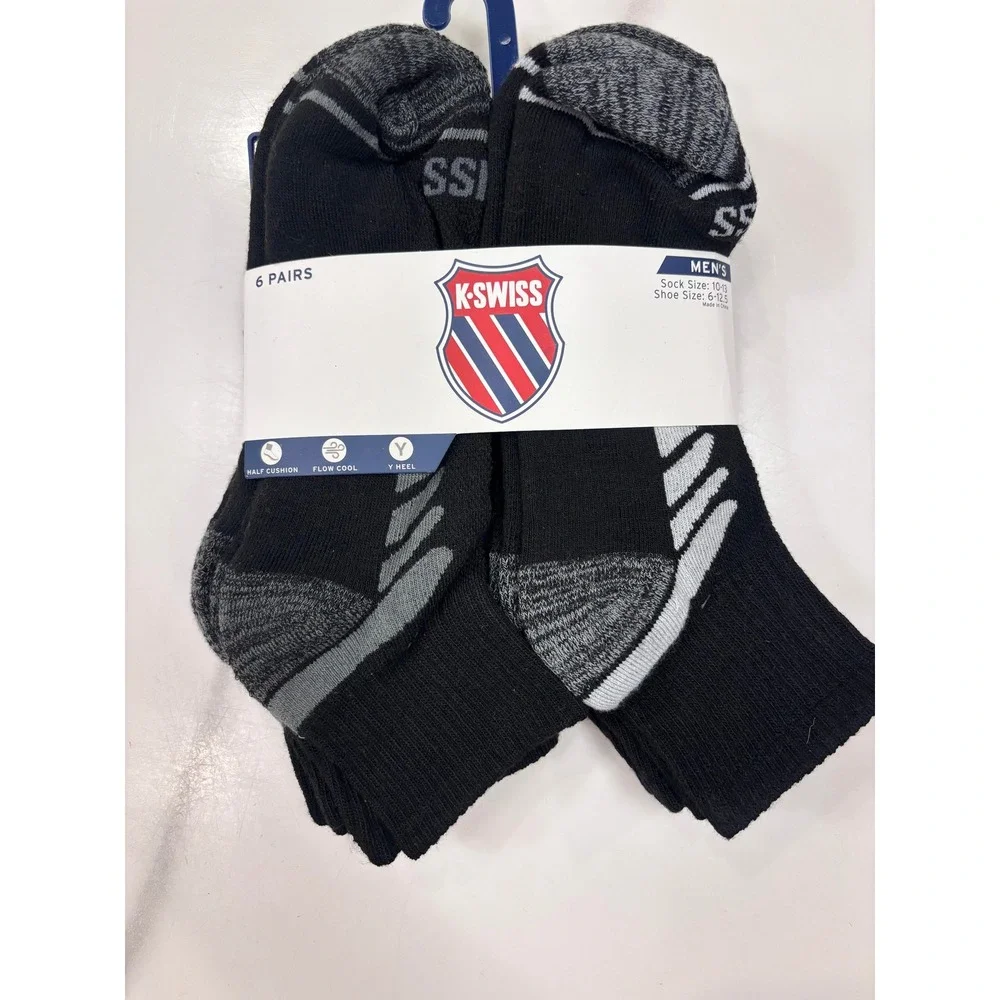 K-Swiss Mens 6 Pair Quarter Performance Socks Black Grey Size 6-12.5